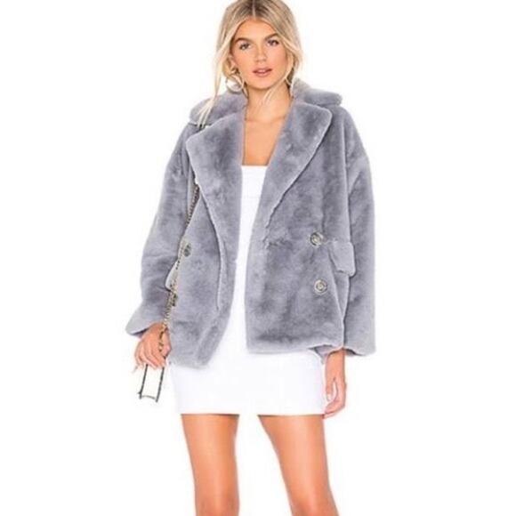 Free People Kate Faux Fur Coat Cloudy Day Gray Faux Fur Double Breasted Jacket - Picture 1 of 16